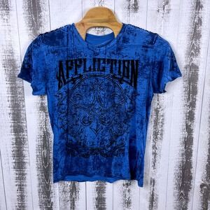 Affliction Graphic T-Shirt Men's Large Distressed Cross Crest Blue
